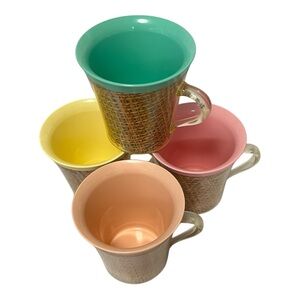 Vintage Melmac Burlap Insulated Mugs Raffia Ware Lightweight Coffee Mugs